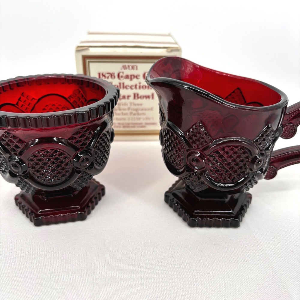 VTG Avon 1876 Cape Cod Ruby Red Glass Creamer and Sugar Bowl Set Pressed Glass